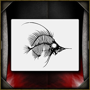 May include: Black and white silhouette of a fish skeleton with a long snout and spiky fins.