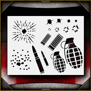 May include: A black and white stencil featuring a variety of military-themed images, including bullets, grenades, and bullet holes. The stencil is designed for use with paint or other mediums to create a unique and impactful design.