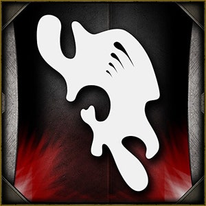 May include: White stencil of an abstract shape resembling a stylized creature with a flowing, organic design. The stencil is on a dark red and black background.