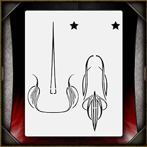May include: A black and white stencil design featuring two pinstripe patterns, one with a pointed tip and the other with a rounded tip. The stencil is perfect for creating custom designs on cars, motorcycles, or other surfaces.