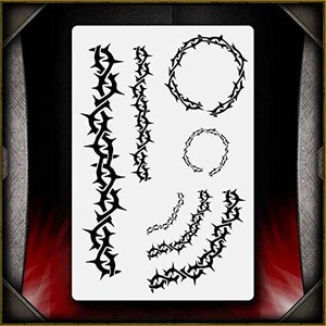 May include: A stencil sheet with five different designs of thorny branches and circles. The designs are perfect for creating unique and intricate patterns on various surfaces.
