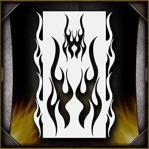May include: A black and white stencil of three flame designs. The flames are stylized and have a tribal look. The stencil is made of durable plastic and is reusable.