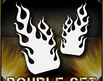 May include: A double set of white flame stencils. The stencils are shaped like flames with a black outline. The stencils are on a brown and gold background. DOUBLE SET is written in black letters at the bottom of the image.