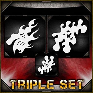 May include: Triple set of white stencil designs. The first design is a stylized flame, the second is a blob-like shape, and the third is a smaller version of the blob-like shape.