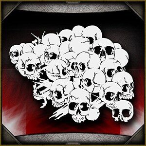 May include: A white stencil design featuring a cluster of skulls, with some skulls overlapping others. The skulls are arranged in a random pattern, creating a chaotic and edgy aesthetic.