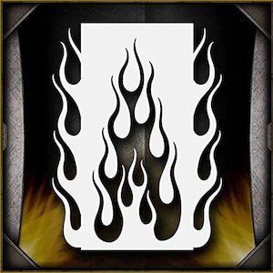 May include: A black and white stencil of a flame design. The stencil is made of a thin, flexible material and is perfect for creating custom designs on a variety of surfaces.