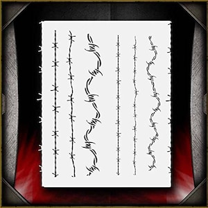 May include: A stencil sheet with five different designs of barbed wire. The designs include straight lines, wavy lines, and a combination of both.
