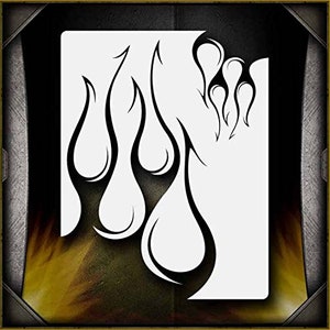 May include: A black and white stencil of stylized flames. The stencil is designed for use with paint or other mediums to create a decorative design.