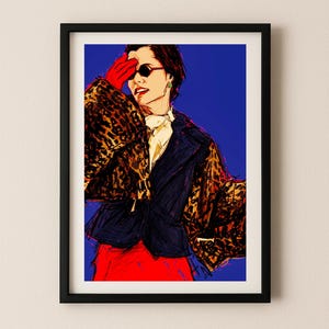 May include: Illustration of a person wearing a navy blue jacket with a leopard print coat, red gloves, and sunglasses. The person is wearing a white shirt and red skirt. The background is blue, and the artwork is framed in black.