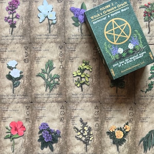 May include: A deck of oracle cards with botanical illustrations and text. The box reads "Witch's Grimoire Oracle Herbology & Garden Magic." Each card features a different plant and associated keywords. The deck is designed for divination and spiritual guidance.