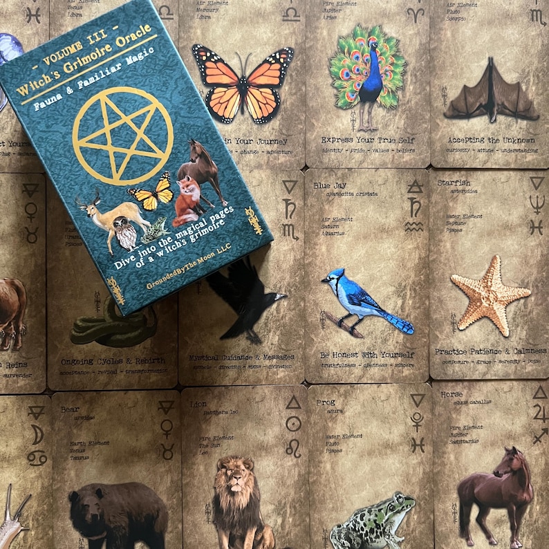 May include: A teal oracle card box with gold lettering and illustrations of animals, including a deer, fox, and butterflies. The box is titled "Witch's Grimoire Oracle" and is surrounded by cards with animal and nature-themed imagery.