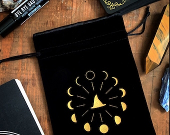 Inner Witch Tarot Bag | Moon Phases, Witch & Practical Magic; Black Velvet + Gold Foil
