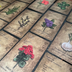 May include: A collection of tarot cards with botanical illustrations and text. Each card features a different plant, such as geranium, magnolia, and garlic, with associated symbols and phrases like "Rebirth & Renewal" and "Protection & Defense."