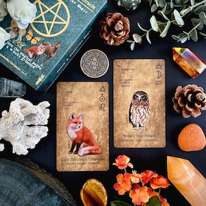 May include: An oracle card deck with a teal box featuring a pentagram design and the text "Star Magic". Two oracle cards show a fox and an owl. Other items include crystals, flowers, and a coin.