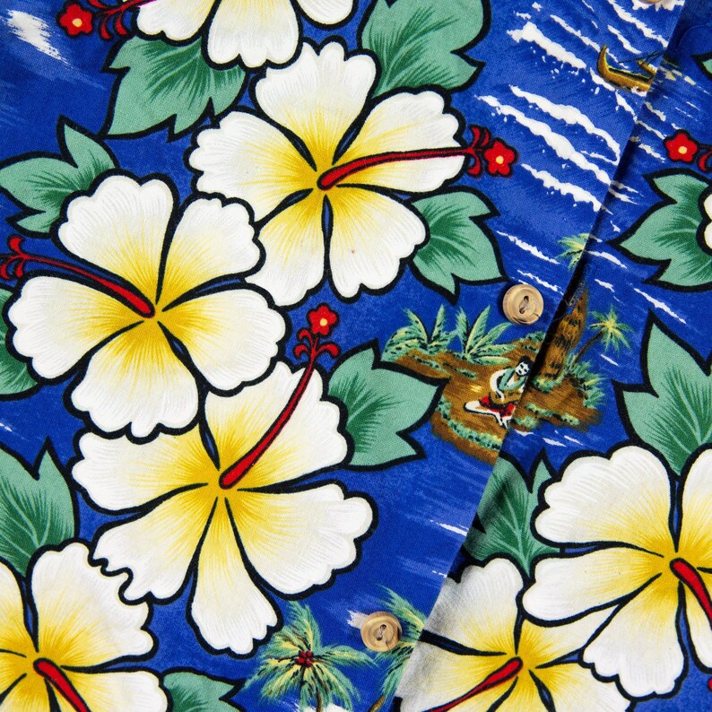 Vintage Beautiful Naui Nalo Print Hawaiian Shirt Made in Hawaii L sz