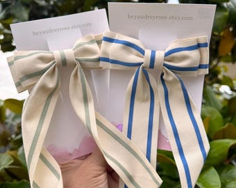 Linen stripe barrette bow, long bow for women, coquette style, cottagecore accessories, gift for women, neutral bow, cottage style