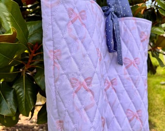 large quilted tote bag, coquette girly book bag, handmade bag, grandma hobbies, grandmalinneal, women bow, handmade gift women, polkadot