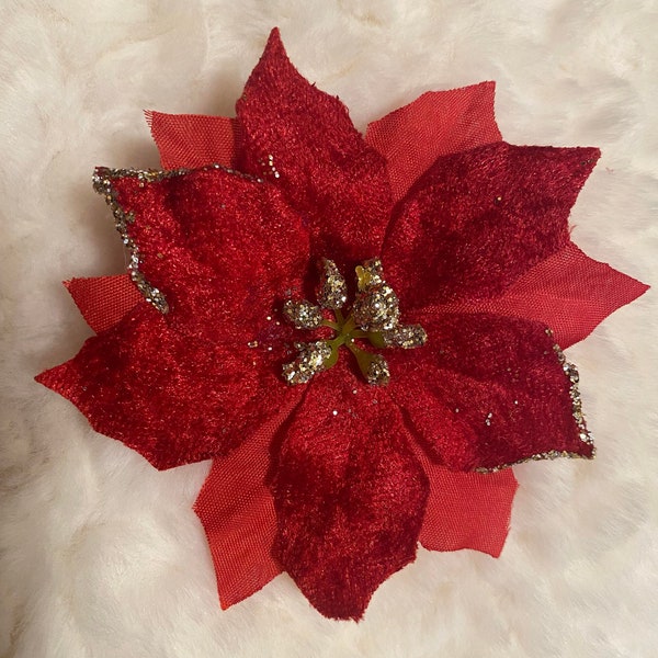 Deep Red Faux Poinsettia with Gold Glitter Add-On Option for Back of Custom Hand Painted and Lettered Live Edge Wood Slice Wreath Ornament