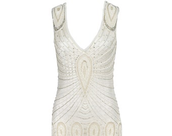 Handbeaded Flapper Dress 1920's Pearl & Silver (Size XS / S / M / L / XL) Wedding/Events