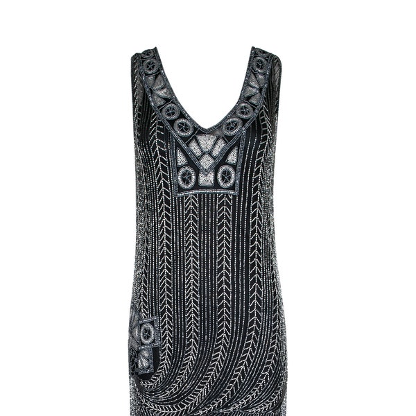 Handbeaded Flapper Dress 1920's Black & Silver (Size XS/S/M/L/XL) Wedding/Events