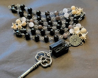 Hekate Rosary / Prayer Beads with Genuine Stones and Bones (Snake Vertebrae, Hematite, Black Tourmaline, & More) on Sterling Silver Wire