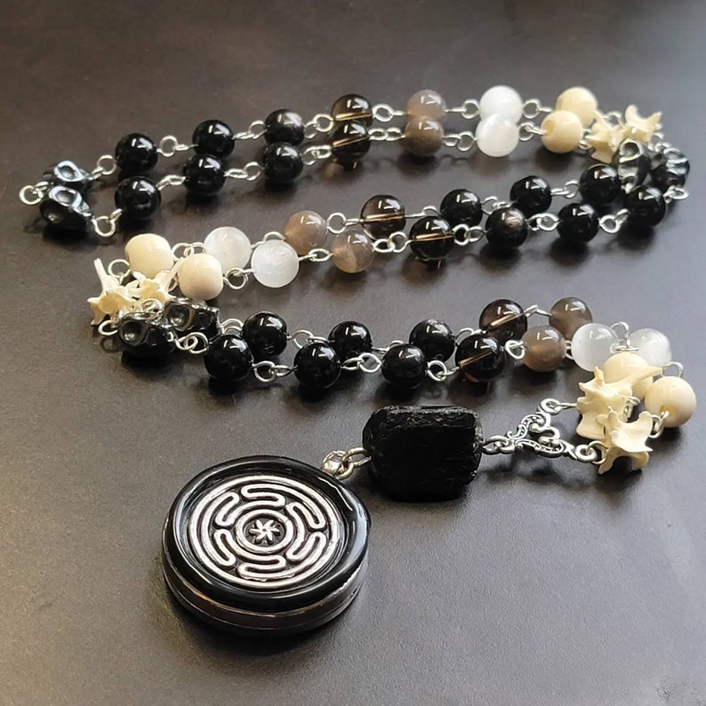 Hekate Rosary / Prayer Beads with Genuine Stones and Bones Snake Vertebrae, Hematite, Black Tourmaline, & More on Sterling Silver Wire Stamped Locket