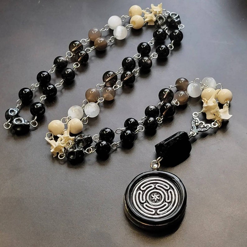 Hekate Rosary / Prayer Beads with Genuine Stones and Bones Snake Vertebrae, Hematite, Black Tourmaline, & More on Sterling Silver Wire image 4