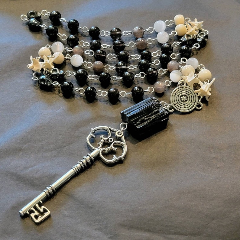 Hekate Rosary / Prayer Beads with Genuine Stones and Bones Snake Vertebrae, Hematite, Black Tourmaline, & More on Sterling Silver Wire image 1