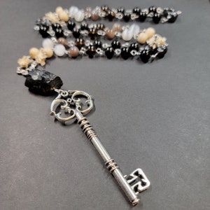 Hekate Rosary / Prayer Beads with Genuine Stones and Bones Snake Vertebrae, Hematite, Black Tourmaline, & More on Sterling Silver Wire Skeleton Key