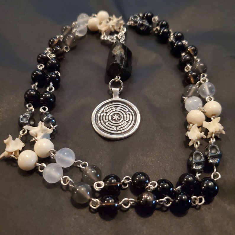 Hekate Rosary / Prayer Beads with Genuine Stones and Bones Snake Vertebrae, Hematite, Black Tourmaline, & More on Sterling Silver Wire image 2