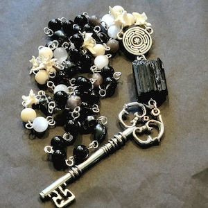 Hekate Rosary / Prayer Beads with Genuine Stones and Bones Snake Vertebrae, Hematite, Black Tourmaline, & More on Sterling Silver Wire Key&StrophalosCenter