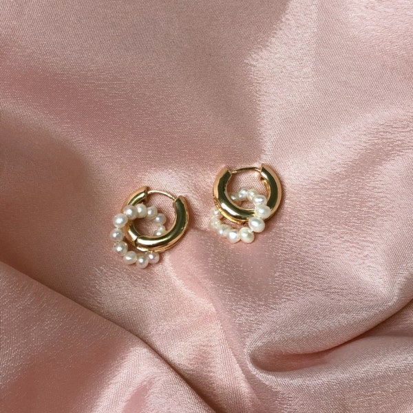 Mila Mini Gold Hoops with Pearls