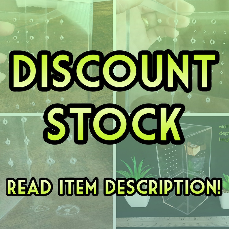 以下が含まれることがあります： 小さな穴のグリッドが付いた透明なアクリルボックス。ボックスには、「DISCOUNT STOCK」と「READ ITEM DESCRIPTION!」という緑と黒のテキストが書かれています。ボックスは定規の上に置かれています。