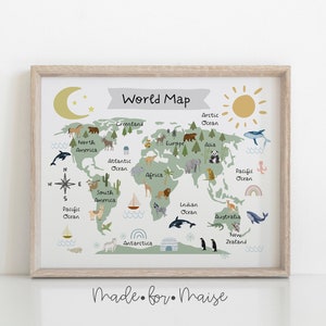 World Map print, Nursery wall art, Scandi Kids, Scandi Poster, Educational nursery Poster, Animal World Map, Kids Poster, Childrens Playroom