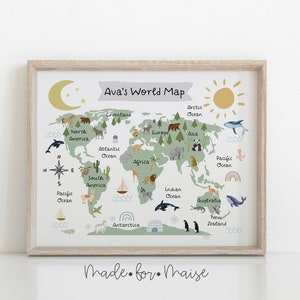 Personalisierte Weltkarte, Mädchenzimmer, Karte der Tiere, Kinder Poster, Skandinavische Kinder Dekoration, Kinder Poster, Spielzimmer Drucke, Kinder Wandkunst