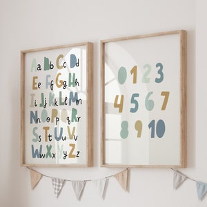 Set di 2 stampe, stampe vivaio, stampa alfabeto, stampa numeri, ABC, lettere, arte della parete educativa, sala giochi, stampe di apprendimento, ragazzi blu