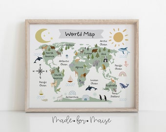 World Map print, Nursery wall art, Scandi Kids, Scandi Poster, Educational nursery Poster, Animal World Map, Kids Poster, Childrens Playroom