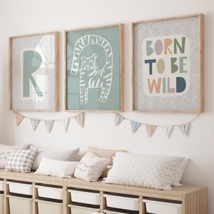 Personalised neutral nursery print, born to be wild print, safari theme print, tiger wall art, kids, bedroom, playroom, set of 3, toddler