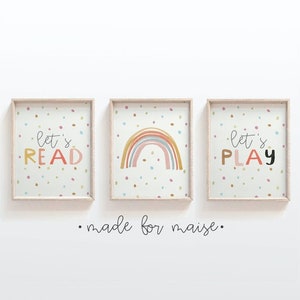 Set of 3, Let's play, Lets Read, Rainbow Wall Art Set, Set of Three Nursery Posters, Playroom Decor, Toddler Wall Art, Pastel Decor, Bedroom