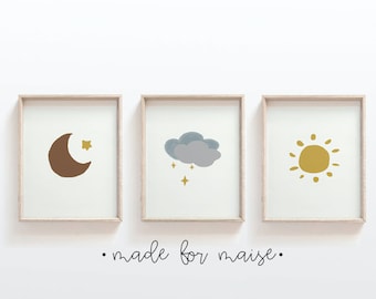 Set of 3 Weather Nursery Prints, Boy or Girl, Sunshine, Raincloud, Moon Print, Gender Neutral, Kids Room Decor Preschool, Playroom Picture