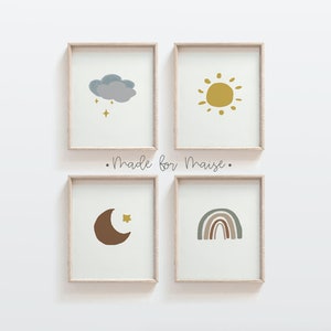 Weather Nursery print set of 4, Sunshine, Moon, Cloud, Rainbow, A3, A4, 11x14, 8x10,Bedroom Prints and Posters, Pastel, Gender Neutral, Kids
