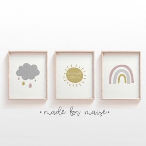 conjunto de impresión de guardería de 3, A3, A4, A5, 11x14, 8x10, arte de pared de dormitorio de niñas, arco iris, sol, nube de lluvia, brillo brillante pequeño, póster rosa