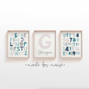 Set von 3 Lernpostern, personalisierter Druck, Pastell Alphabet Poster, Zahlen Druck, Spielzimmer, Lernen, Klassenzimmer Dekor, Kinder Dekor