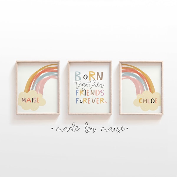 Set of 3 Twin Girl Nursery Art Prints, Personalised Sign, Double Rainbow, Sibling Prints, Born Together Friends Forever, Girls Bedroom, Gift