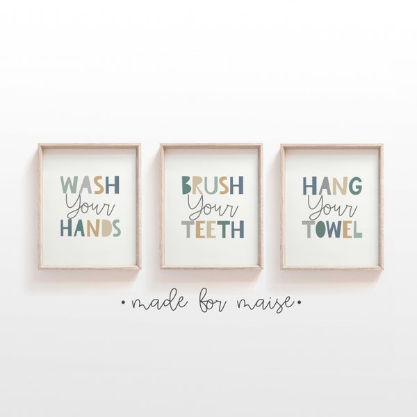 Blue Bathroom Print Set of 3 prints, wash your hands sign, brush your teeth sign, hang your towel sign, kids, childrens rules, wall art, set