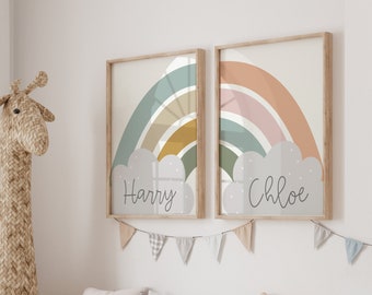 Personalized Rainbow Name Prints: Twins Nursery Decor (Set of 2)