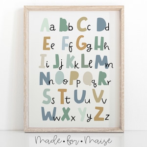 Children&#39;s Wall Print, Alphabet Print, Watercolour blue boys Nursery, Boho Nursery Print, Modern Design, Playroom, ABC, Educational