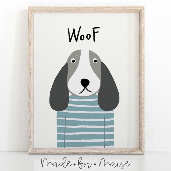 dog wall art for nursery, woof, puppy print, nursery decor, kids wall art, cute wall poster children's wall art, dog art print, decor