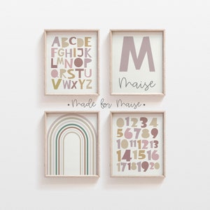 Personalized Girls Nursery Print Set: Rainbow, Alphabet, Numbers Wall Art