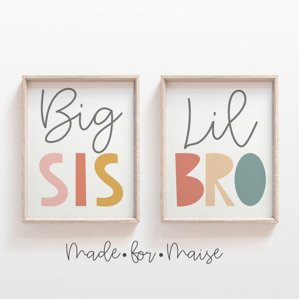 Set of 2 , Big Sis Lil Bro Print, Boys, Girls, Rainbow Wall Art, Sibling Print Set, Kids Posters, Wall Art, Shared Bedroom, Pastel Poster